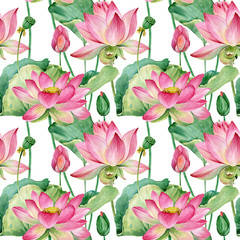 lotus flowers seamless pattern. watercolor botanical illustration.