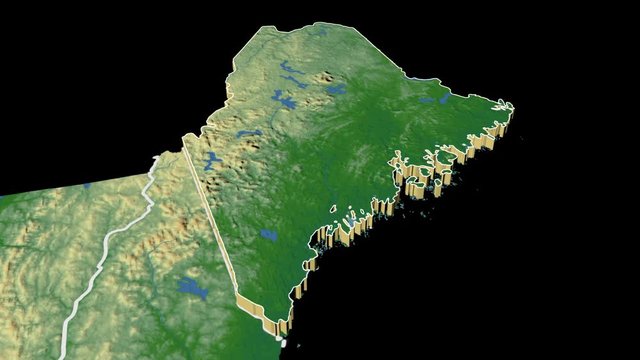 Maine state (USA) extruded on the physical map of North America isolated on black