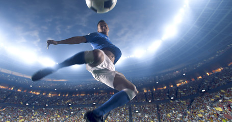 Fototapeta na wymiar Soccer player kicks the ball on the soccer stadium. He wear unbranded sports clothes. Stadium and crowd made in 3D.