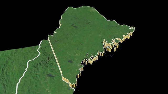 Maine state (USA) extruded on the satellite map of North America isolated on black