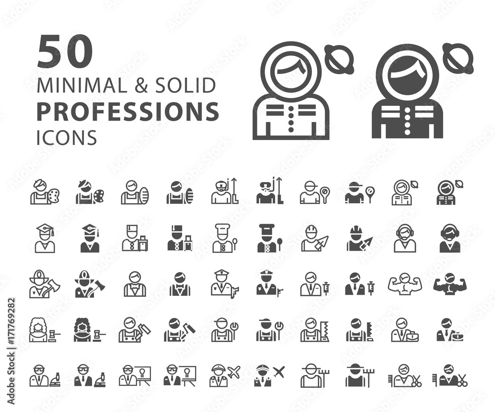 Poster set of 50 professions minimal and solid icons on white background . vector isolated elements