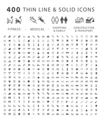 Set of 400 Minimal and Solid Icons ( Fitness Medical Family Shopping Construction and Transport ) . Vector Isolated Elements