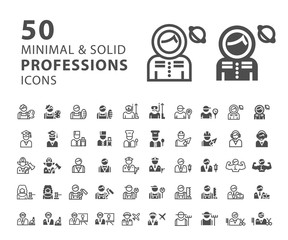 Set of 50 Professions Minimal and Solid Icons on White Background . Vector Isolated Elements