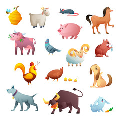 Cartoon character design of farm animals. Cute pets. Isolated vector illustration on white background.