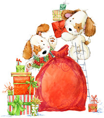 cute cartoon puppy watercolor illustration. Christmas card. Dog year.