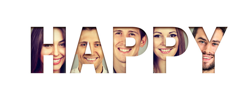 Word happy made of cheerful smiling young faces