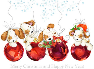 cute cartoon puppy watercolor illustration. Christmas card. Dog year.
