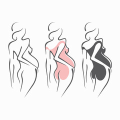 Set of drawing linear beautiful pregnant girl in dark, pink, clothes, nude figure. Birth of a child. Vector graphic illustration, draw silhouettes for design