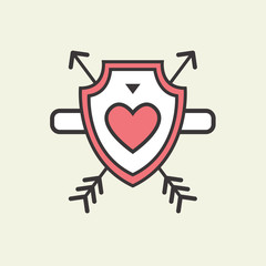 Fototapeta premium Decorative icon for Valentine's Day. Graphic romantic element Heart and arrow on a military shield. Logo love vector illustration