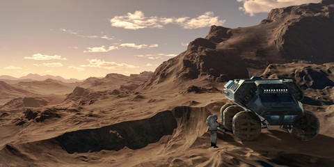 Extremely detailed and realistic high resolution 3d illustration of a Mars Rover near a crater on Mars. Elements of this image have been furnished by Nasa.
