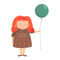 Children cartoon character. cute girl in dress with balloon, girl with red curls, vector illustration isolated from background. birthday concept