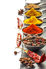 Специи, перец чили на доске изолированный белый фон