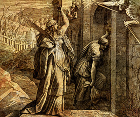 The return of Judith, graphic collage from engraving of Nazareene School, published in The Holy Bible, St.Vojtech Publishing, Trnava, Slovakia, 1937.