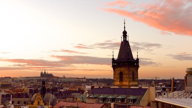 Prague sunset cityscape skyline view toward Prague Castle

