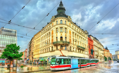 City tram in the old town of Brno, Czech Republic