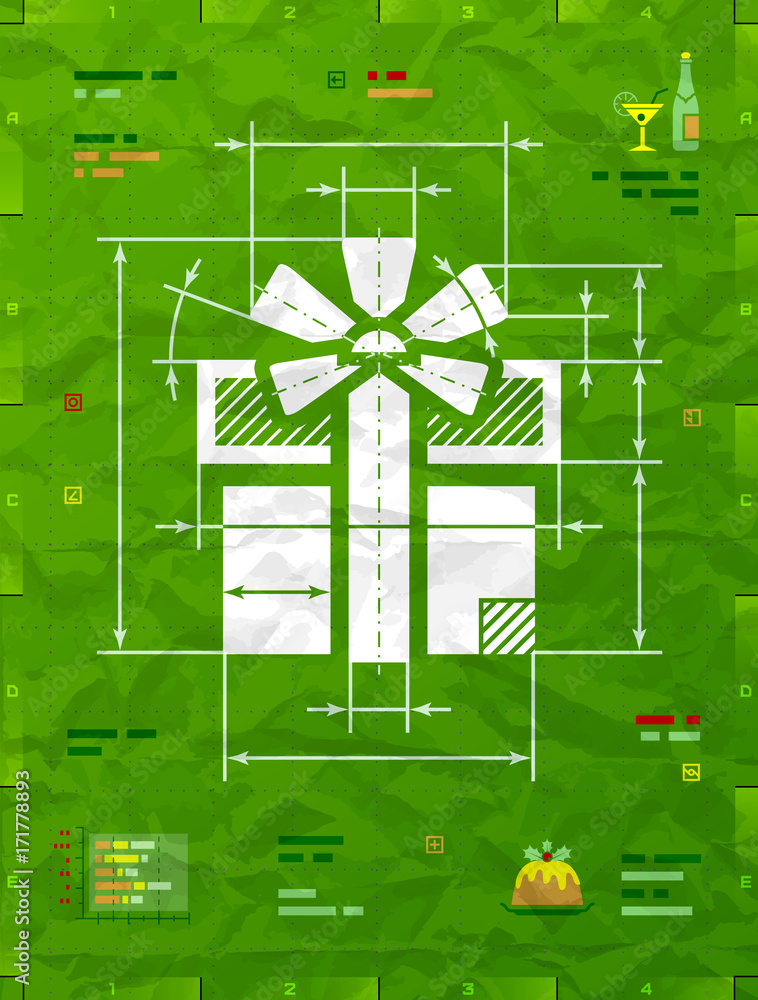 Wall mural Gift symbol as technical blueprint drawing. Drafting of gift box on crumpled paper. Best vector illustration for holiday, packaging supplies, congratulation, gift wrapping, packaging, etc - Wall murals
