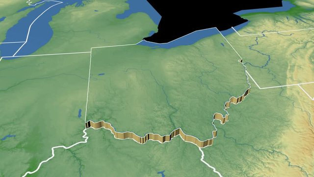 Ohio state (USA) extruded on the physical map of North America isolated on black