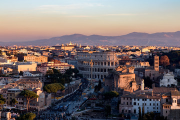 Fototapeta na wymiar Colosseum Rome Sunset Panorama Landscape