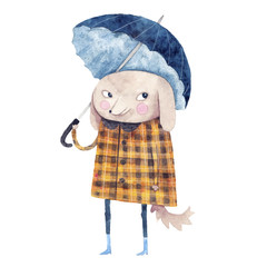 Watercolor illustration with cute dog and ubrella. Hand drawn painting. Perfect for nursery rooms.