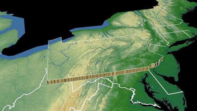 Pennsylvania State (USA) Extruded On The Physical Map Of North America Isolated On Black