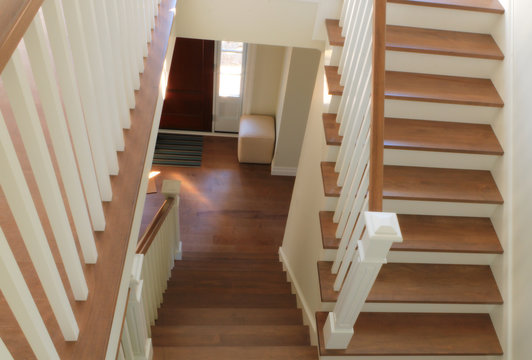 white staircase hardwood steps modern classic interior