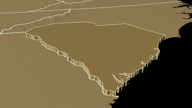 South Carolina state (USA) extruded on the elevation map of North America isolated on black