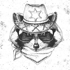 Retro Hipster animal raccoon. Hand drawing Muzzle of animal  raccoon © annbozhko