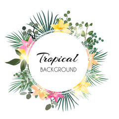 Abstract Natural Tropical Frame Background with Palm and other Leaves and Lily Flowers. Vector Illustration