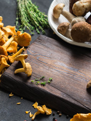Raw wild chanterelle mushrooms and raw porcini mushrooms ready for cooking next to a dark board. Composition with wild mushrooms. Copy space