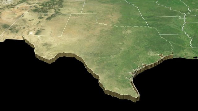 Texas state (USA) extruded on the satellite map of North America isolated on black