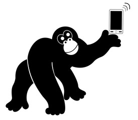 Monkey with smart phone isolated. Monkey with smart phone silhouette 

