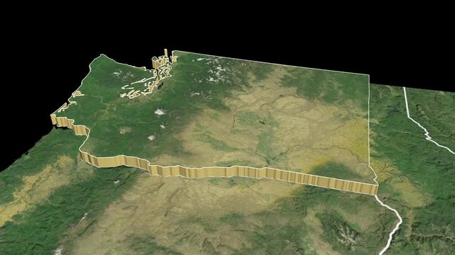 Washington state (USA) extruded on the satellite map of North America isolated on black