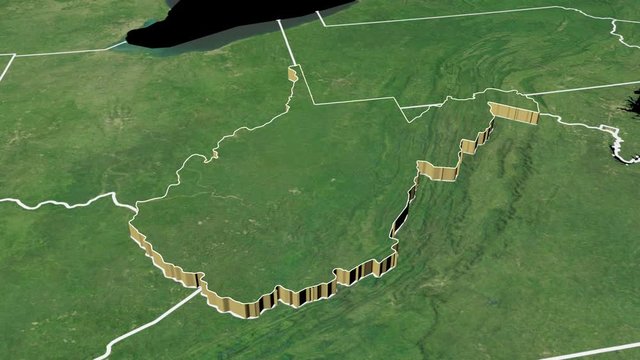 West Virginia state (USA) extruded on the satellite map of North America isolated on black
