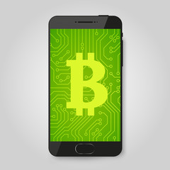 Mobile phone with bitcoin sign. Crypto payment concept. Cryptocurrency sign.