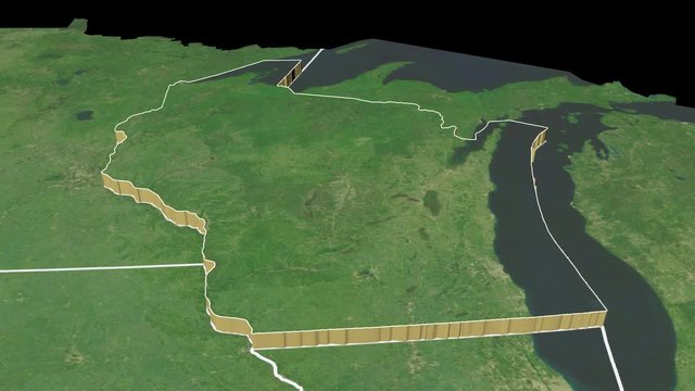 Wisconsin state (USA) extruded on the satellite map of North America isolated on black