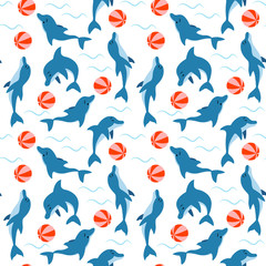 Seamless pattern with dolphins playing with water.