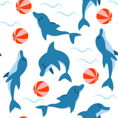 Seamless pattern with dolphins playing in the water with a ball on a white background.