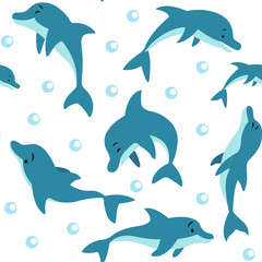 Obraz premium Seamless pattern with floating and dolphins playing in the water, air bubbles on a white background