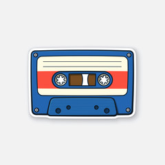 Vector illustration. Retro audio cassette. Analog media for recording and listening to stereo music. Old-fashioned tape cassette. Sticker in cartoon style with contour. Isolated on white background