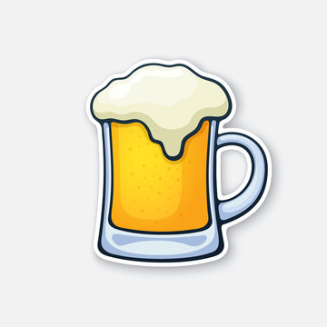 Vector illustration. A mug of beer with foam. Glass of alcohol drink. Classic foam drink of pubs and bars. Sticker in cartoon style with contour. Isolated on white background