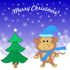 Christmas card with a monkey in a cap and green spruce winter background, 