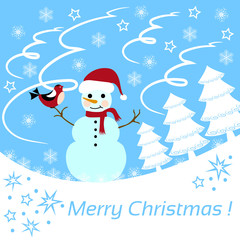 Christmas card with a snowman, greeting inscription on a winter background.