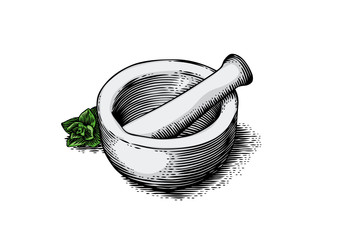 Mortar bowl and pestle with herb - obrazy, fototapety, plakaty