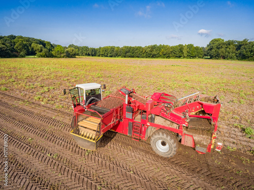 "Moderner Kartoffel Vollernter im Einsatz, Luftbild