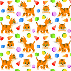 Seamless pattern with a kitten and toys for children on a white background, picture peeping kitten faces, scattered toys, cat walking.
