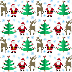 Obraz na płótnie Canvas Seamless pattern with a Christmas tree, Santa and deer, bird sitting on the tree.