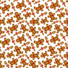 Seamless pattern with a gingerbread man and sugar cane, in yellow brown and red.