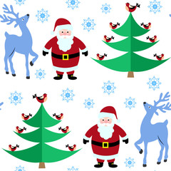  Seamless pattern with Christmas reindeer and Santa Claus in the winter forest, bird sitting on the tree.