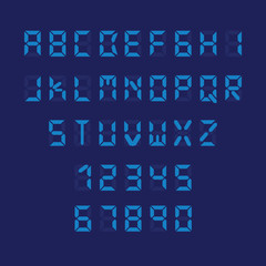 Digital font, alarm clock letters and numbers vector alphabet