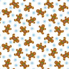 Seamless pattern with gingerbread man and snowflakes on a white background
